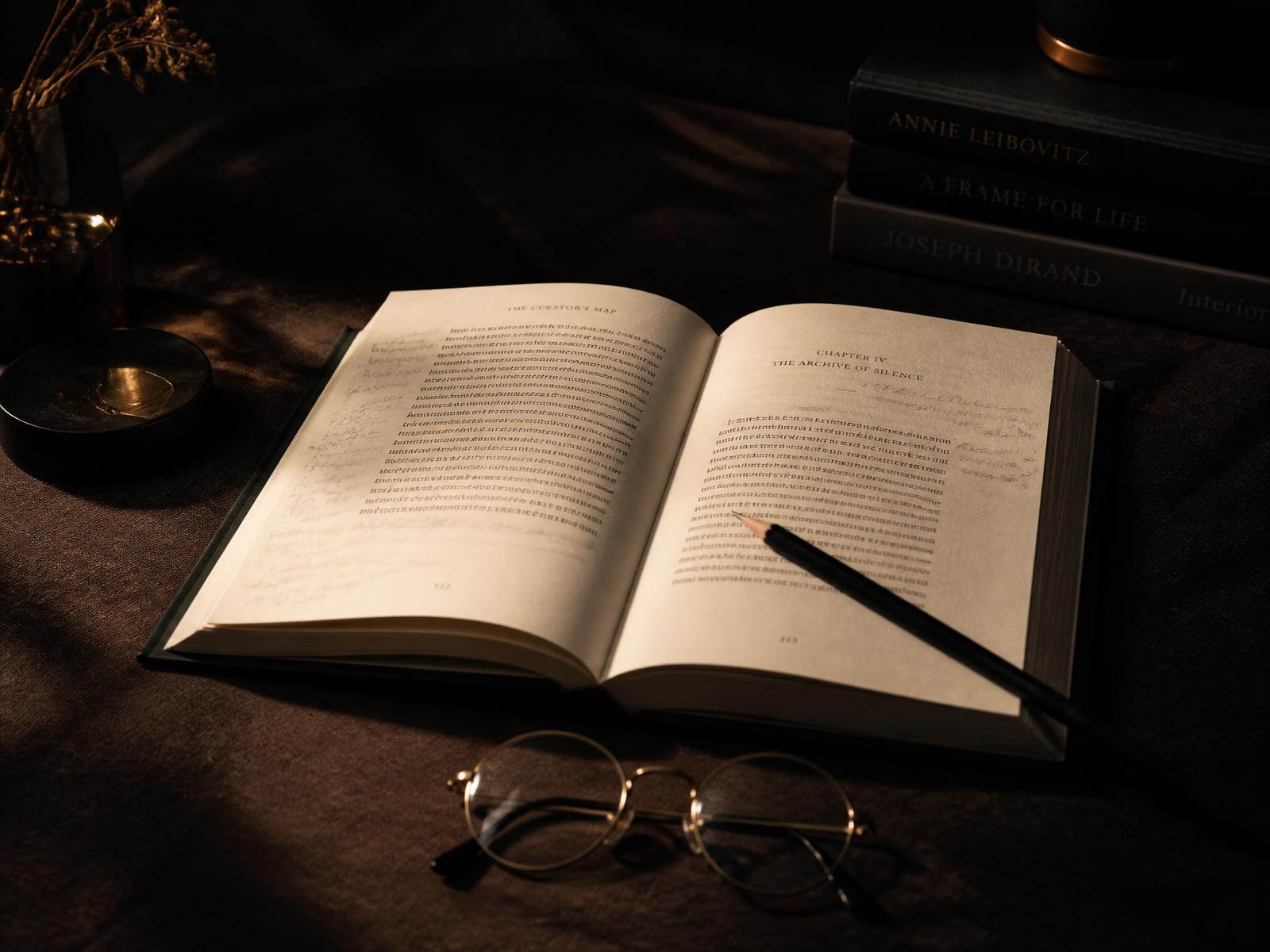 An open manuscript with a pencil and reading glasses on a dark linen desk